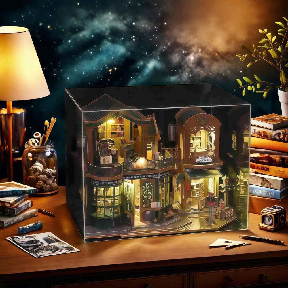 DIY Miniature House Wooden Assembly Kit with LED Lights, Bookshelf Decor, Adult Craft, Birthday Gift