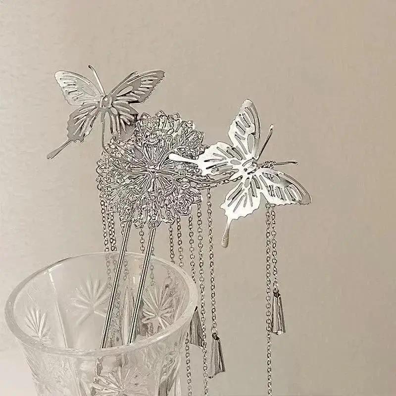 1 Pcs Women Fashion Butterfly Flower Hairpins Exquisite Long Tassel Wedding Headwear Zinc Alloy Material Accessories Gifts