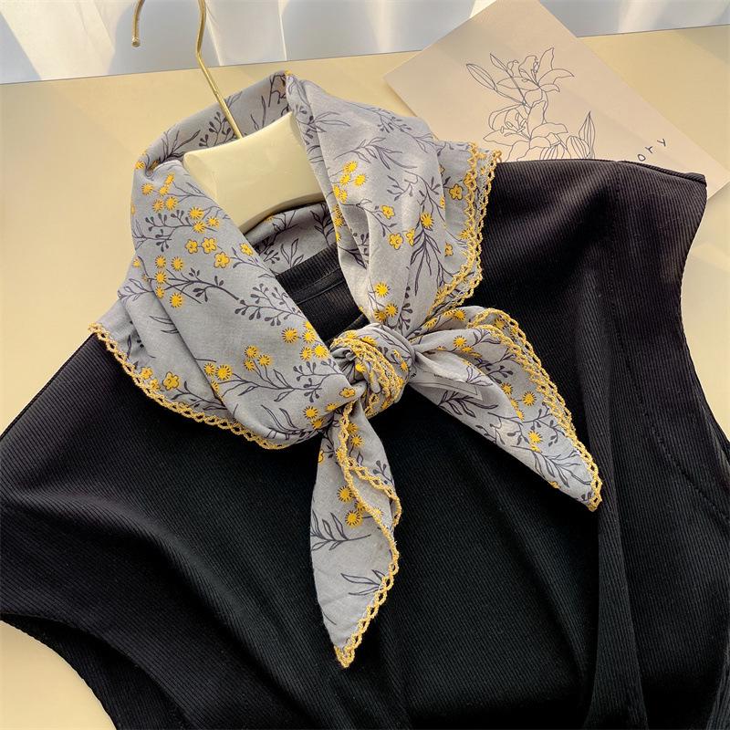 Women's Retro Floral Silk Cotton Scarf: Black Rice Square, Hair Band, Neck Warmer, Headscarf - Spring/Summer.