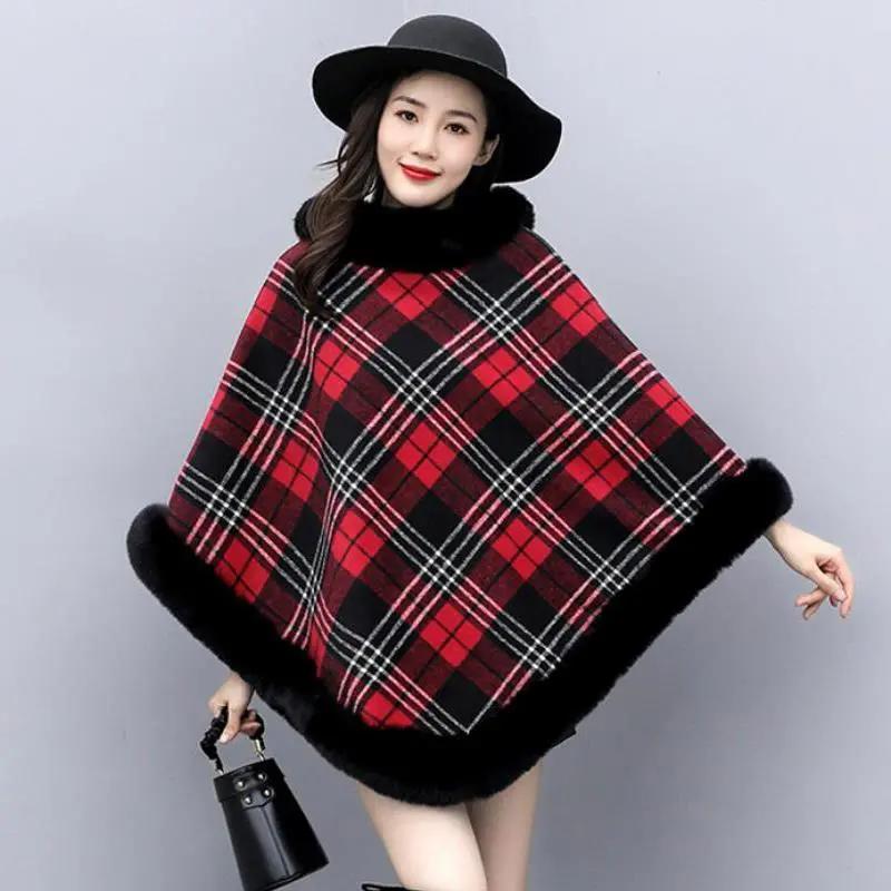 Sleeveless Bat Shirt Plaid Cloak Shawl Women's Pullover Fur Collar Ring Warm Cloak Jacket