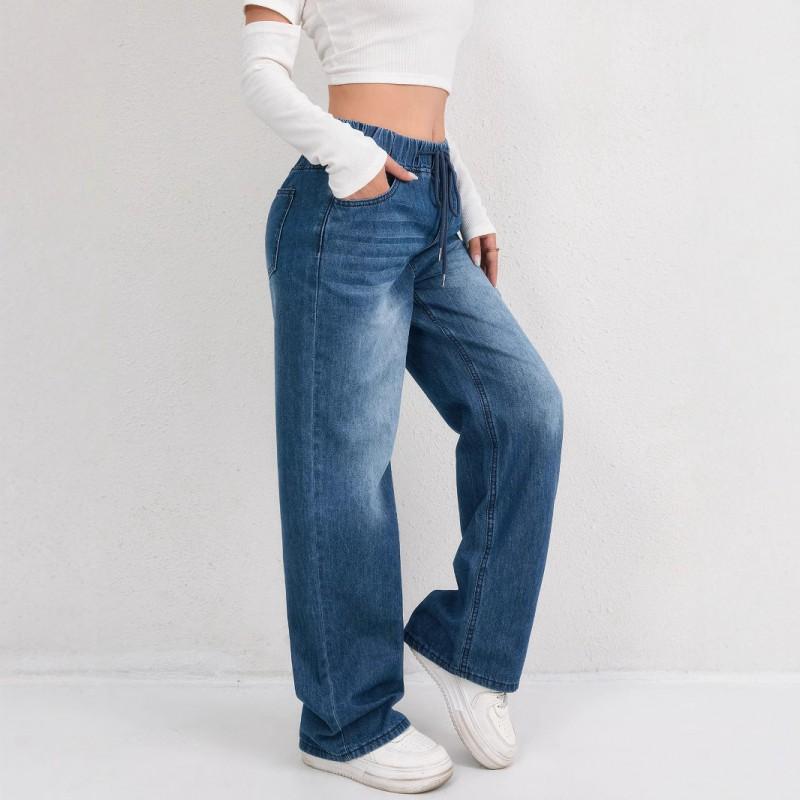 

Women s High-waisted Large-size Loose Drawstring Wide Leg Washed Comfortable Jeans Hot Extension S