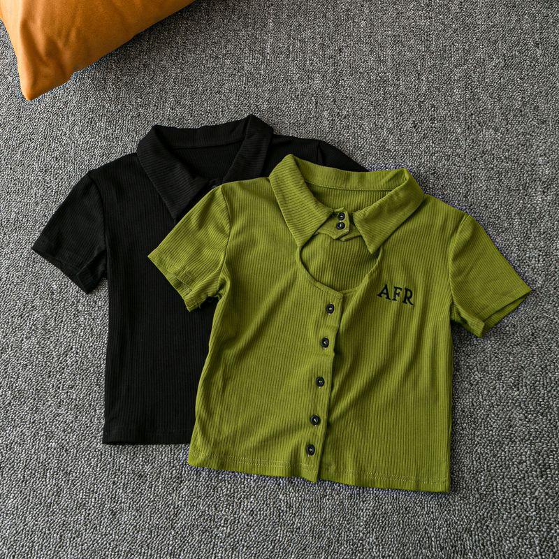

Spring and Summer Export K-style New Arrival Youth Popularity Easiest for Match Minimalist Short Lapels Short Sleeve Pullover Tops Black S