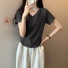 Waist Slimming V-neck Clavicle T-shirt Women's Short-sleeved Summer Thin Style Slimming Irregular Hem with Fishbone Top