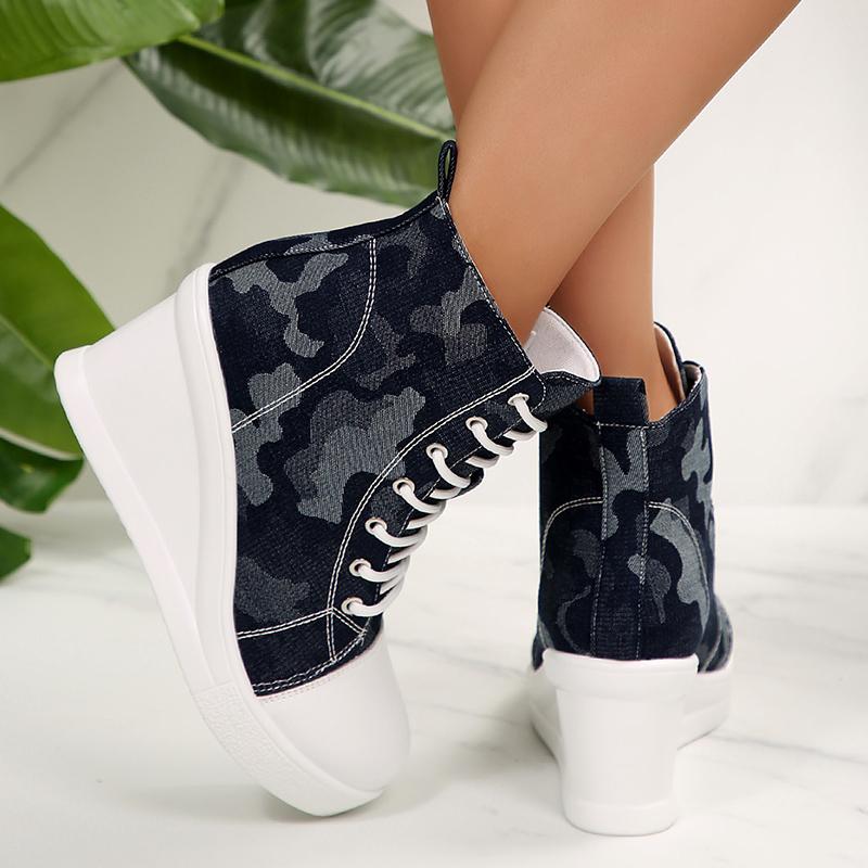 Women's High Top Wedge Sneakers Fashion Blue Camouflage Canvas Shoes Woman Lightweight Lace Up Platform Ankle Boots for Women