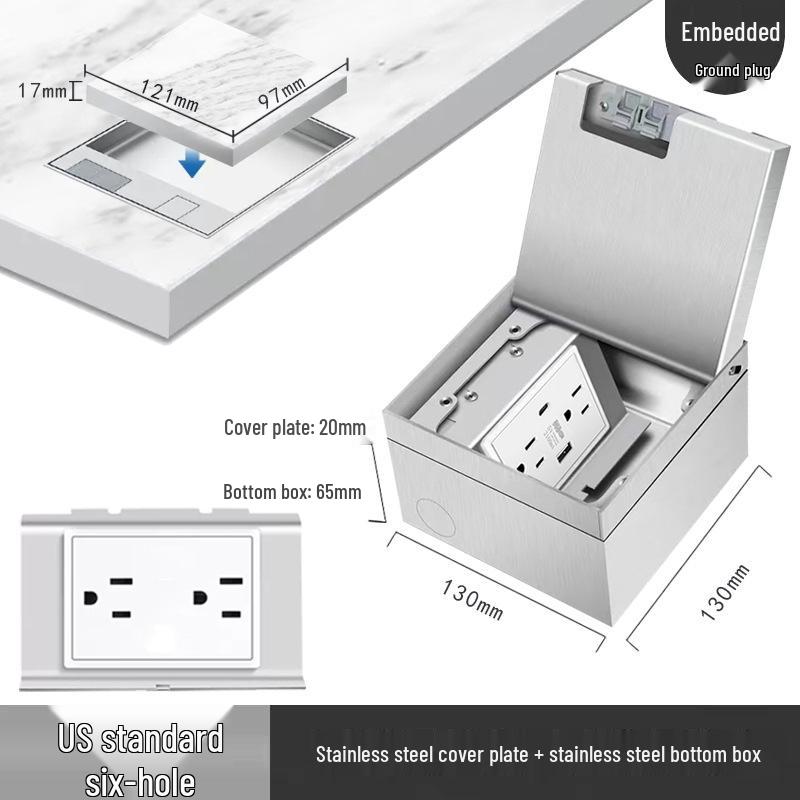 

Marble Embedded Stainless Steel Waterproof Floor Socket, US Standard, Six-Hole Hidden Design