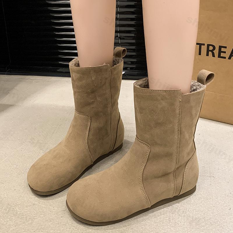 Damen Knöchelboots 2026 Herbst Winter Mode Runde Spitze Damen Kurze Stiefel Niedriger Absatz Plateau Lässig Plüsch Warm Baumwolle Botas Mujer