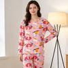 Spring and Autumn women's cartoon pajamas, pink girl cat print long-sleeved suit, loose loungewear