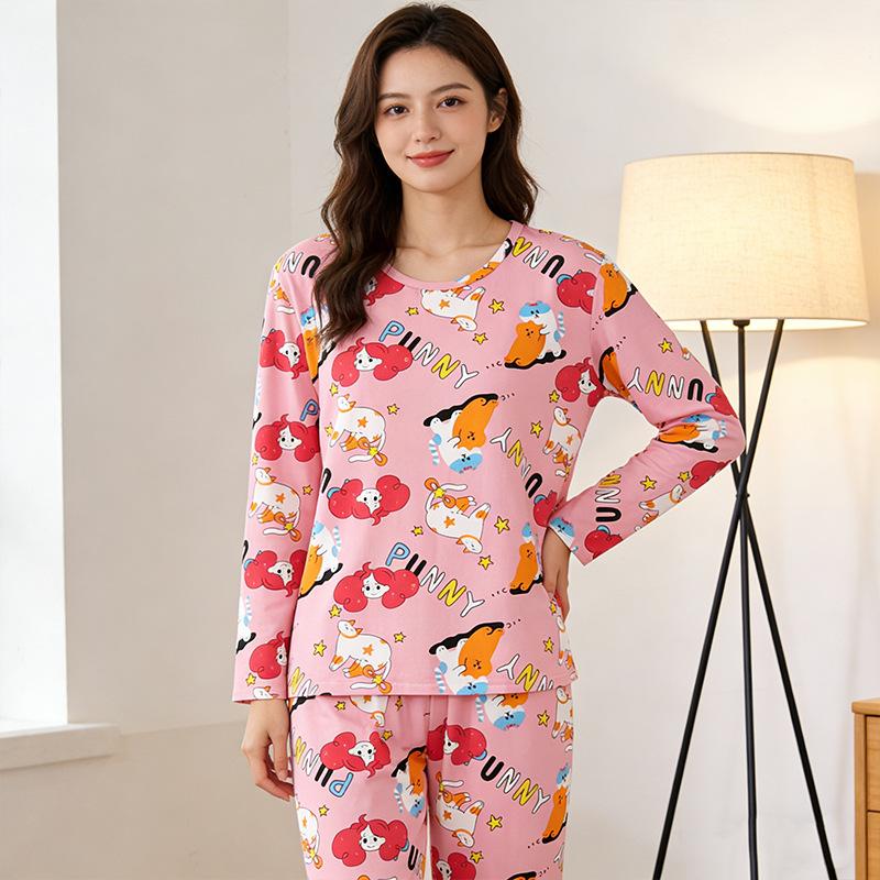 Spring and Autumn women's cartoon pajamas, pink girl cat print long-sleeved suit, loose loungewear