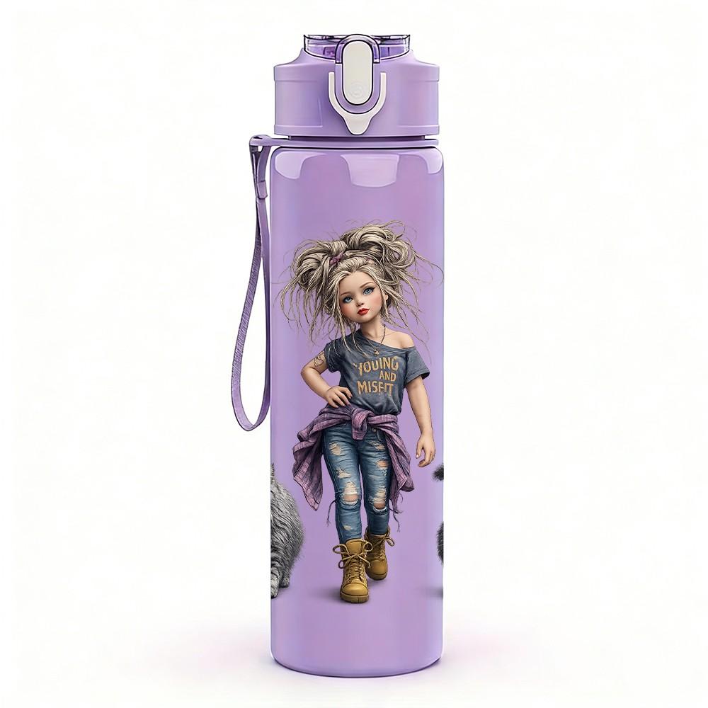 1PC Rag Doll Girl Toy Character Print 750ml Color Plastic Sports Water Bottle Leakproof Flip Straw Lid Suitable for Sports Office Home Use