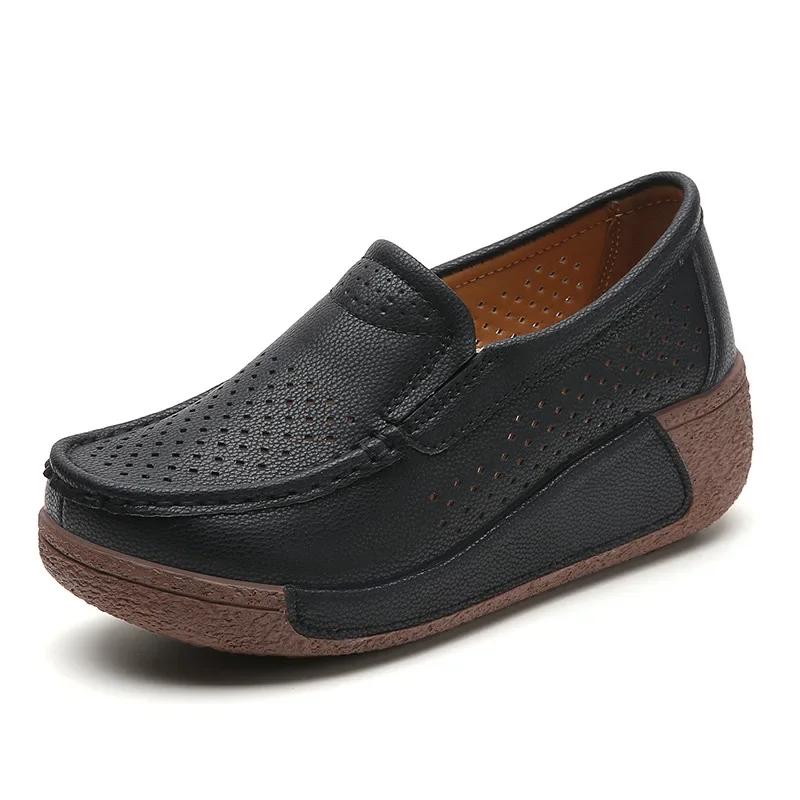 Fashion Spring and Summer Women Fashion Loafers Genuine Leather Moccasins Autumn Slip-on Casual Round Toe Wedge Platform Rocking Shoes