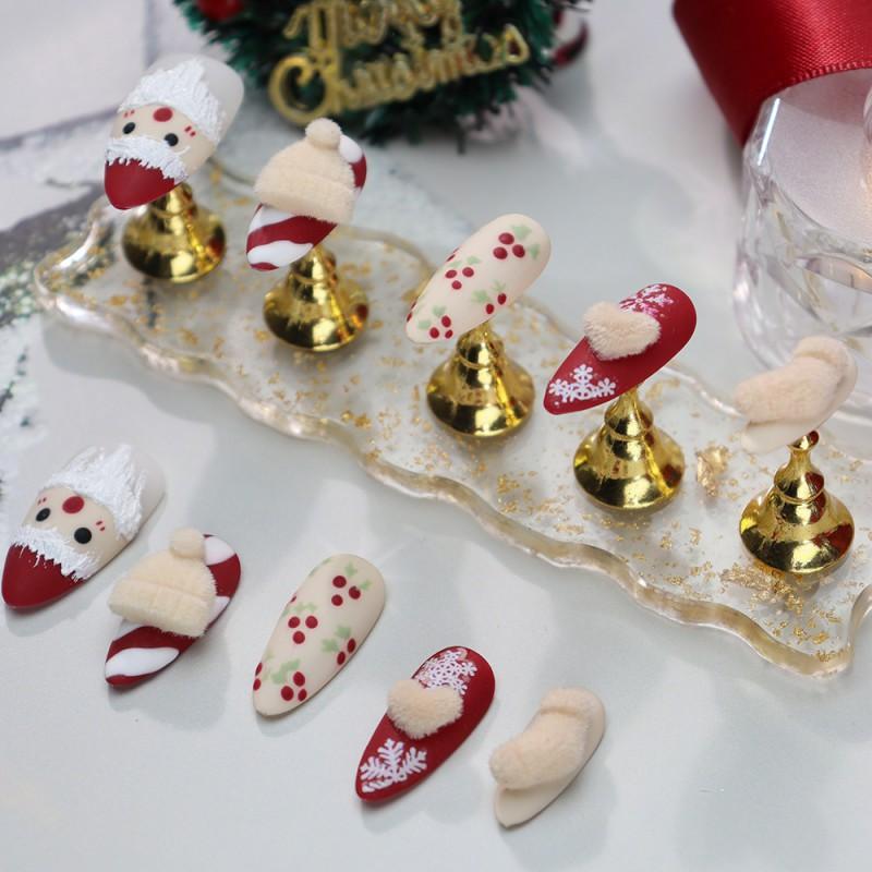 Handmade Matte Finish Press-On Nails With Santa Claus Design Brick Red A1043 Women Winter Holiday Wear