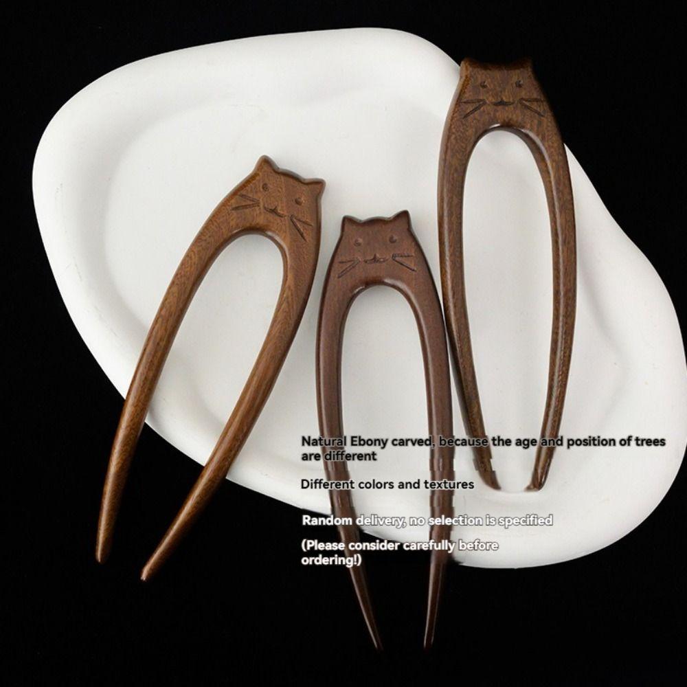 Wooden Cat Pattern Hair Sticks Chinese Style Hanfu Hairpin New U Shaped Hair Forks  Women Girls