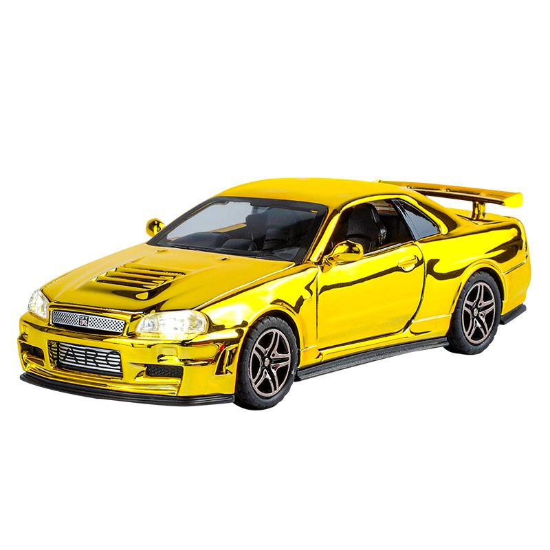 

Гальванизированная модель спортивного автомобиля Nissan Skyline GTR-R34 в масштабе 1/32, звук, свет, литой игрушечный автомобиль, подарок для детей, мальчиков, миниатюрная машина золотой