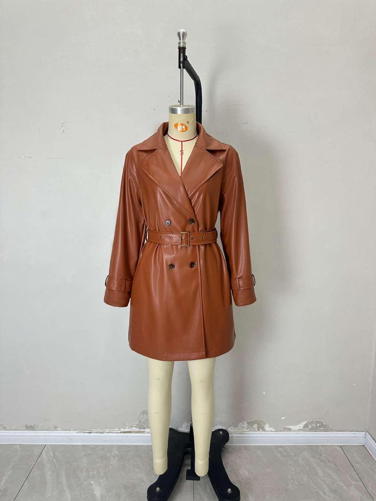 2025 Autumn European-American Brown Leather Jacket for Women, Mid-Length with Cross-Border Design Flair