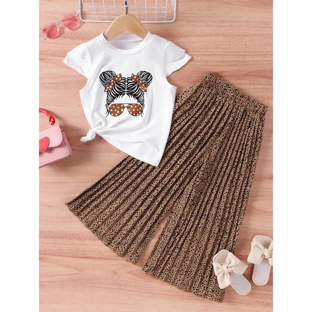 2-7Y Girls Summer New Cartoon Personality Avatar Short Sleeve + Wide Leg Trousers Casual Two-piece Set