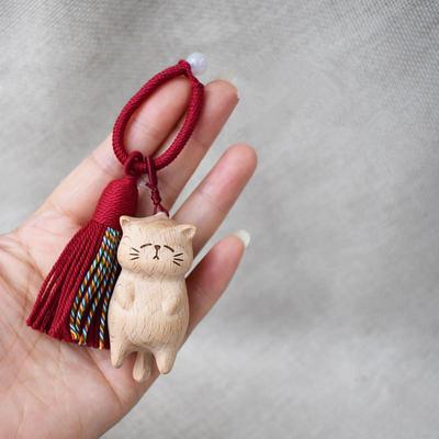 Porte-clés Chat en Bois Rétro Chaton Mignon Sculpté à la Main Breloque Pendentif Sac Pompon Cadeau Ou Femmes Fille Couple Mode Bijoux Accessoires