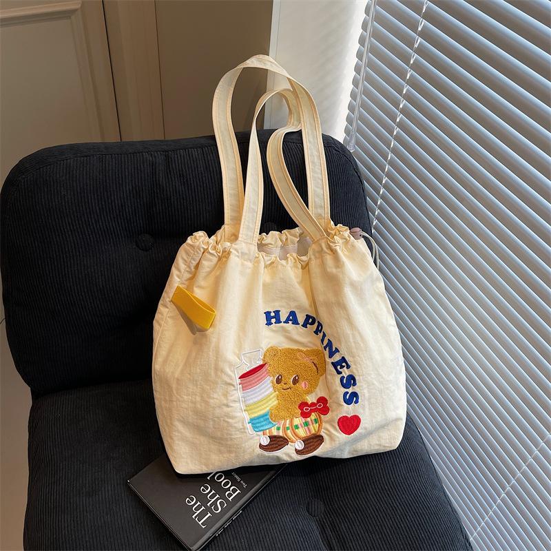 Large Capacity Cloth Bag Women's New Summer Versatile Shoulder Bag Cute Drawstring College Student Class Tote Bag