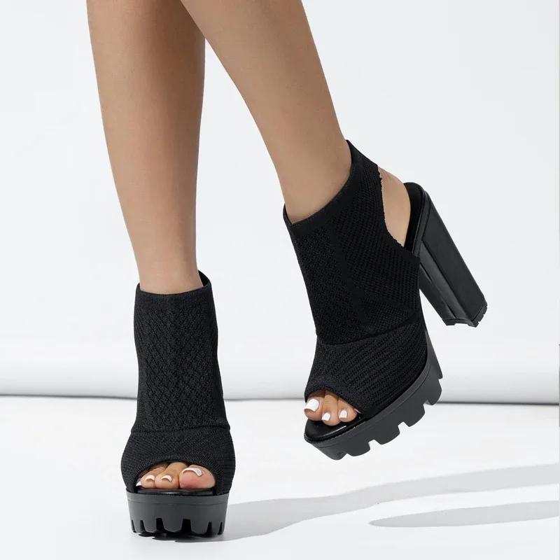 Fashion Eilyken Summer Stretch Fabric Sandals Womens Square High Heels Shoes Roman Style Open Toe Banquet Zapatos De Mujer