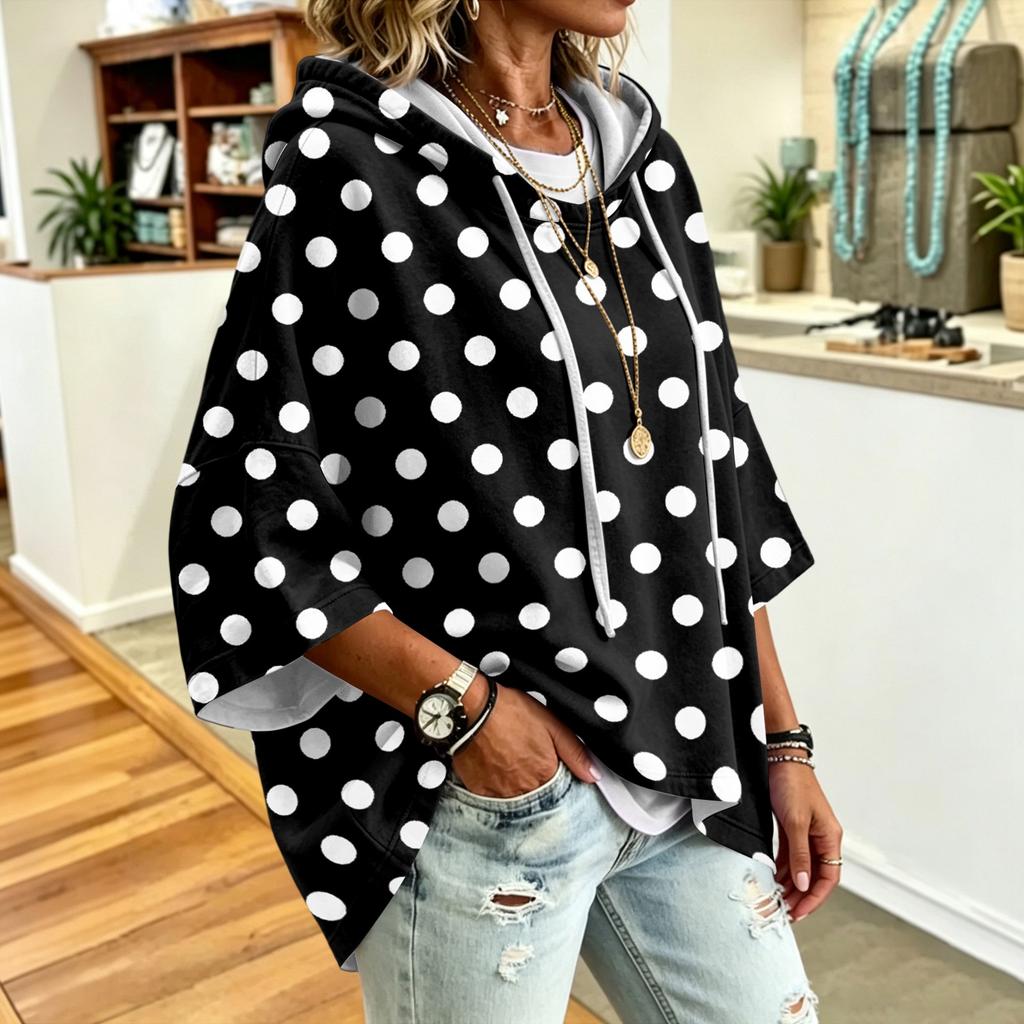 Women's Polka Dot Print Drawstring Hooded Sweatshirt Loose Fit Casual Top