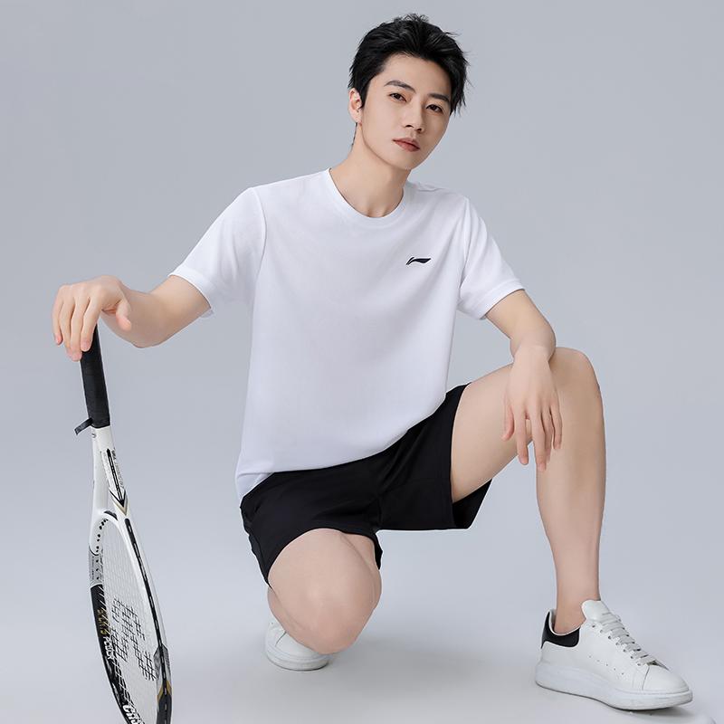 Li Ning Logo Print Round Neck Drop Shoulder Loose Short Sleeve Elastic Waist Shorts Casual Sports Set Men Sets AHSU977-2+AAPU225-1
