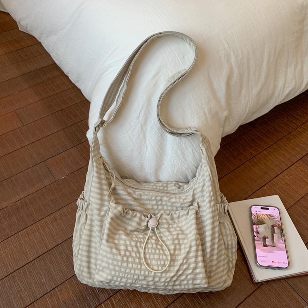 Women Checkered Sling Bag Nylon Drawstring Crossbody Bag Pleated Shoulder Bag Shopping Date Retro Casual Women's Handbag