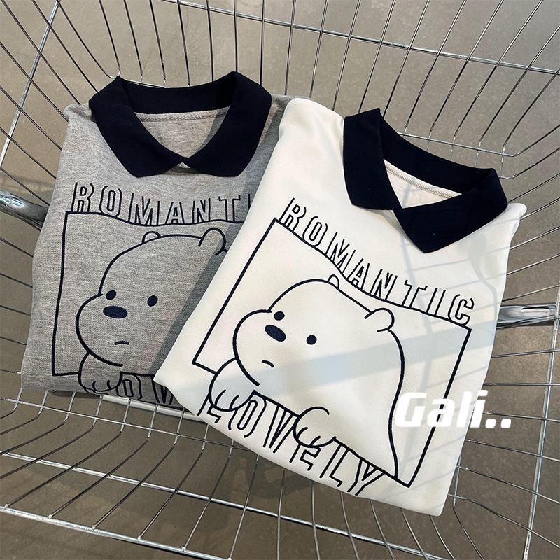 

2025 Spring Women s Korean Stylish Teddy Bear Polo Sweatshirt: Loose, Slimming Pullover with Print M (recommended below 110 jin) серый