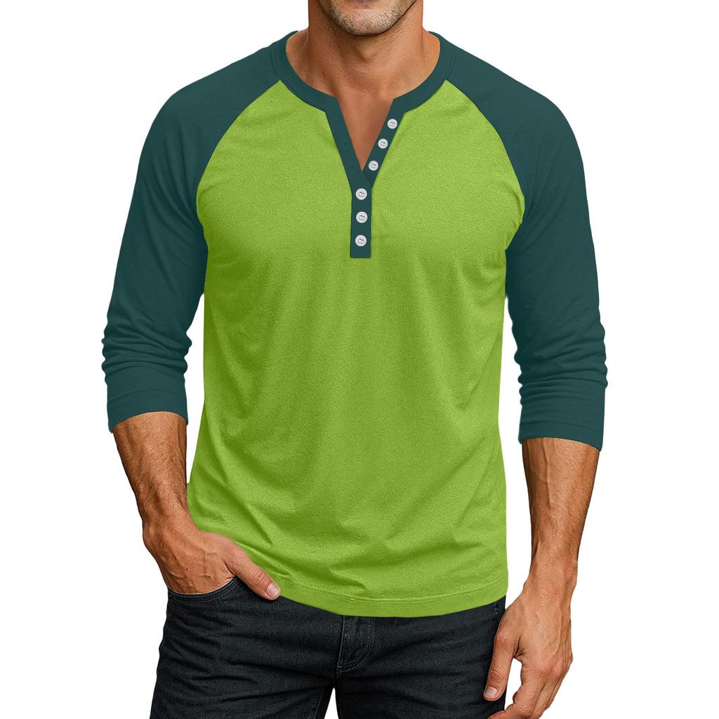 Men's Button-Down Contrast Raglan 3/4 Sleeve Top