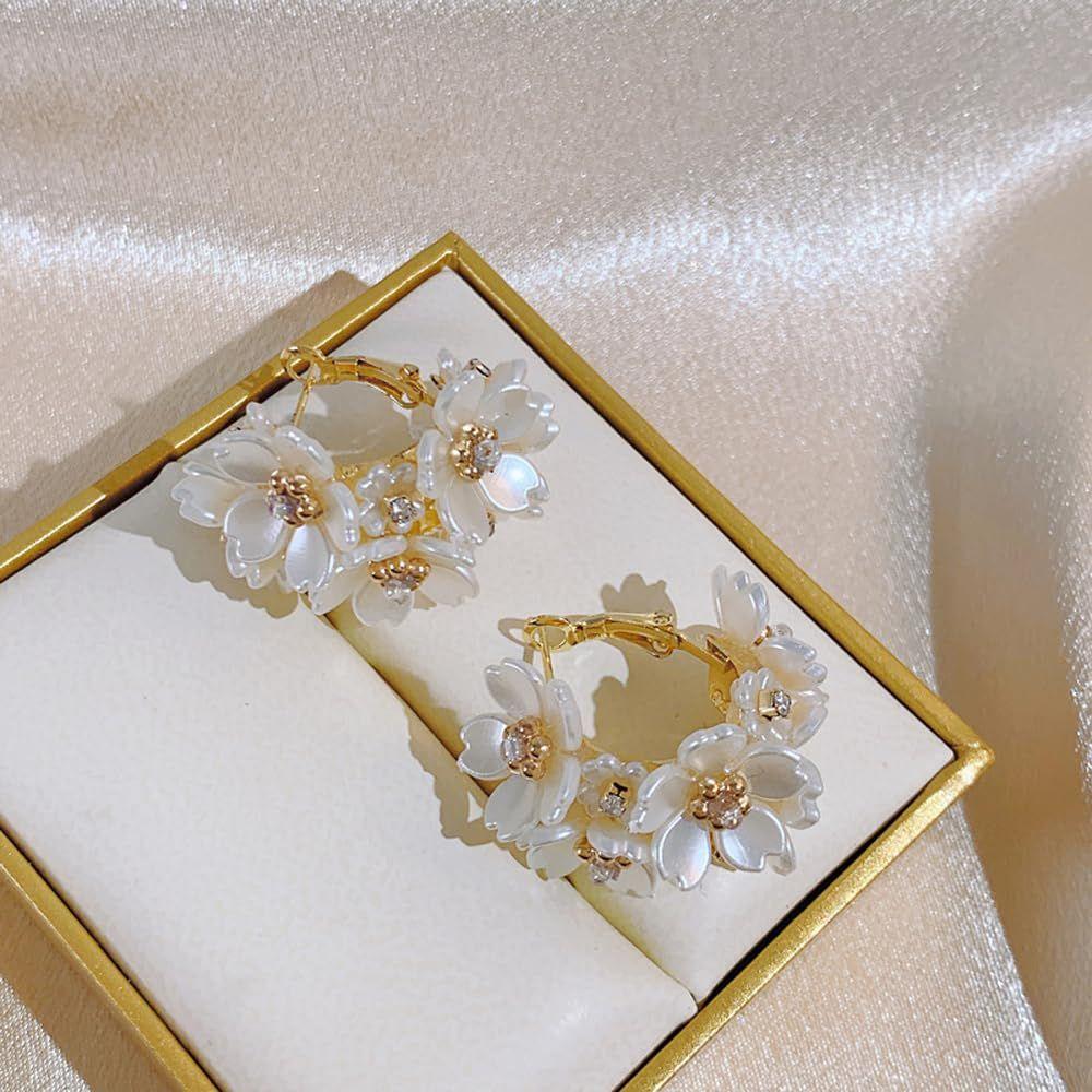 Latest Sweet Romantic Elegant White Flower Hoop Earrings | Stylish Shell Resin Delicate Pearl Flower Zircon Earrings | Trendy Versatile Jewellery