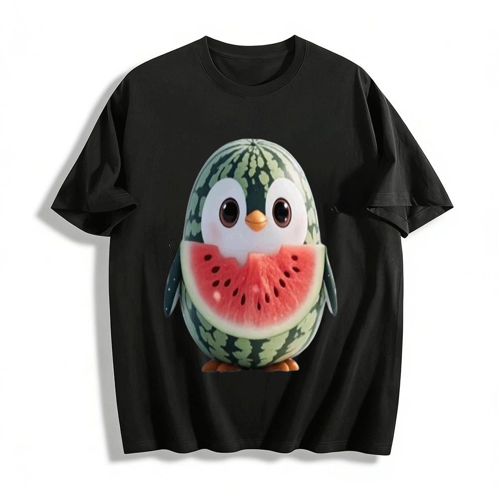 Cute Watermelon Penguin Print Casual Unisex Short Sleeve Tee Pure cotton T-shirt XXS