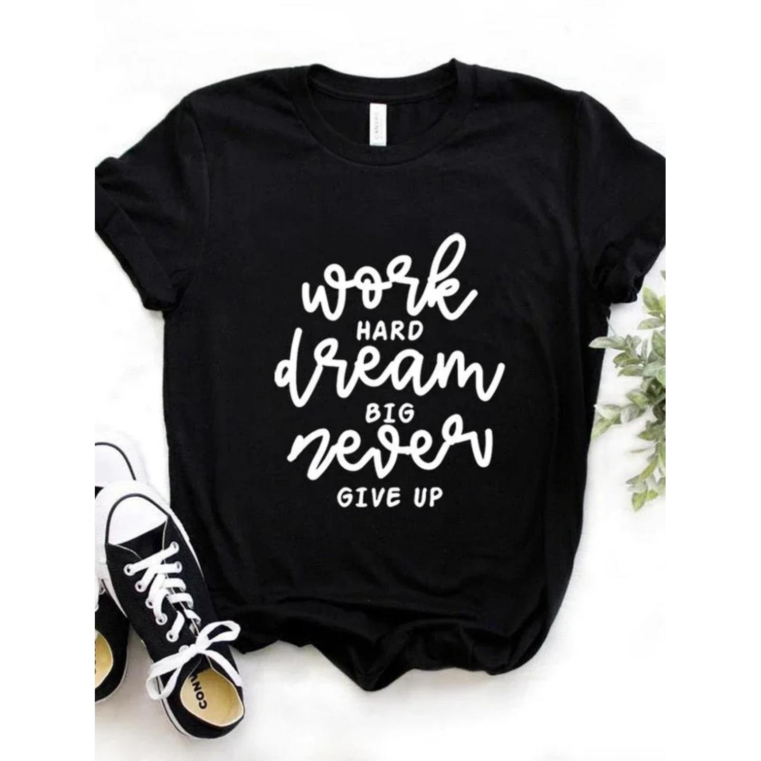 

Work Hard Dream Big Letter Print Женская футболка с коротким рукавом и круглым вырезом Свободная женская футболка Женская модная футболка Топы Одежда S чёрный