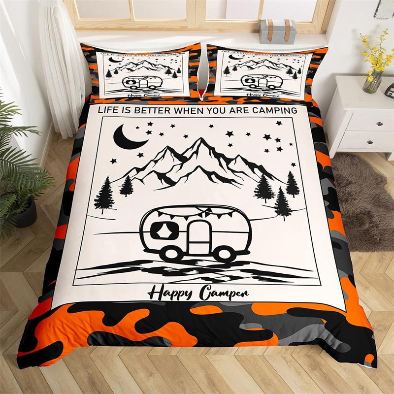 Camping Bettbezug Mikrofaser Galaxie Sterne Mond Happy Camping Bettdeckenbezug Camper Truck Geometrie Berg Bäume Bettwäscheset