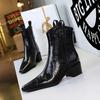 578-10 Retro Hand-Scratched Women's Ankle Boots, European & American Style, Winter Chunky Mid-Heel, Pointed Toe Short Knight Boots