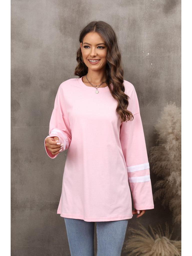 2022 Women's Loose Color Block T-Shirt with Drop Shoulder Sleeves and Round Neck
