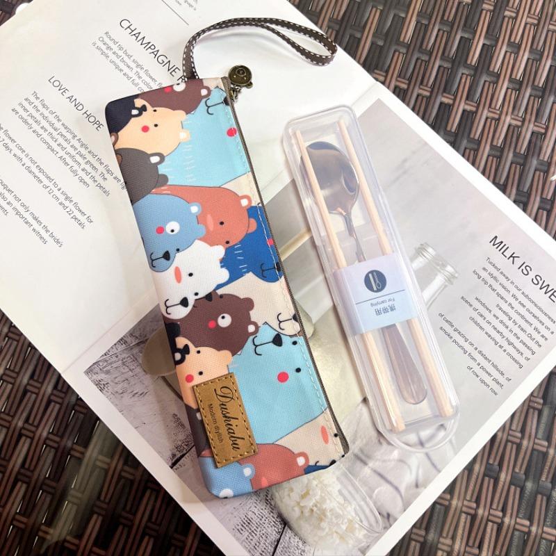 

Korean version waterproof cartoon student pencil bag office worker with meal tableware chopsticks spoon bag storage tableware chopsticks small bag