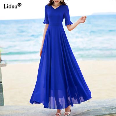 V-neck Elegant Fashion Short Sleeve Solid Color Slender Knee-length A-LINE Dresses Empire Comfortable Chiffon Women's Clothing