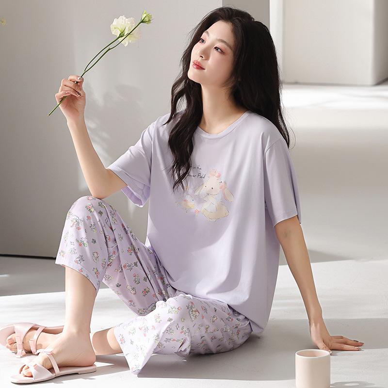 Pajamas women's summer thin Modal cotton short-sleeved cropped pants 1011 new floral loungewear cotton and silk suit