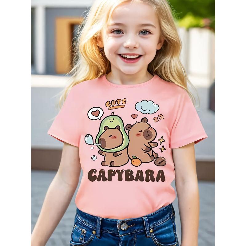 European sizes Cute Capybara T-Shirt Soft Knit Top with Capybara & Hearts Light Green Casual Everyday Shirt for Spring Summer Fall