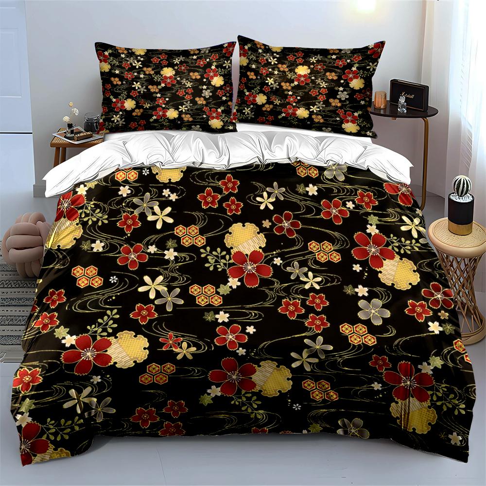 Floral Print Black Bedding Set Bedding Set (1 Duvet Cover, 2 Pillowcases, Duvet Not Included)