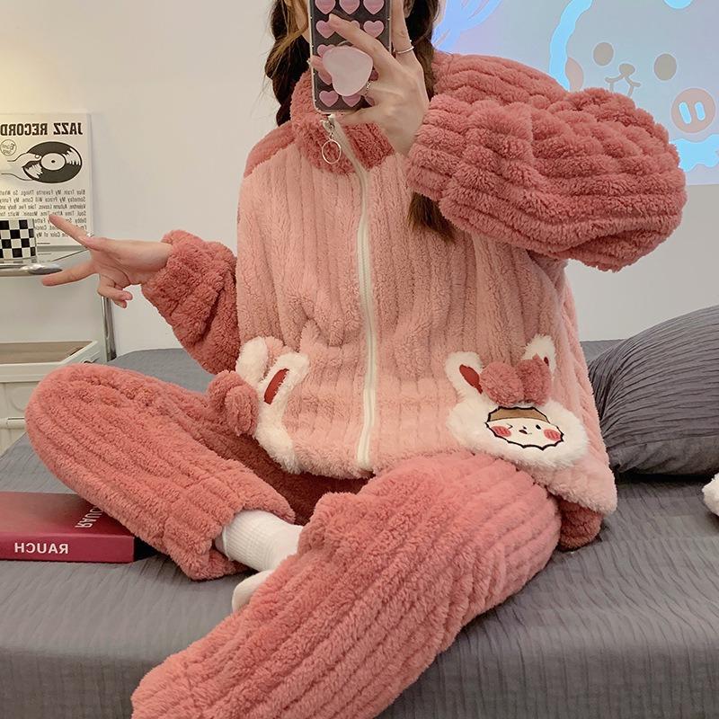 Nightgown Female Autumn and Winter Coral Velvet Thickened with Velvet Comfortable Loose Outside Wearing Long Pants Winter Warm Long Sleeve Long Suit