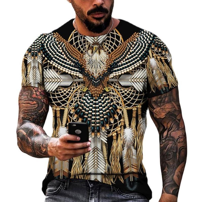 Men's Shirt Casual Harajuku T-shirt Animal Summer Retro Indian Print Men's Street Crew Neck Short Sleeve Design Large