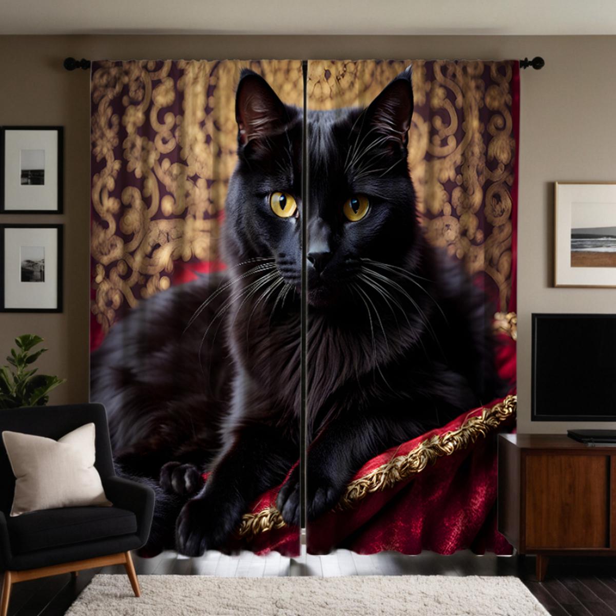 

Комплект из 2 предметов, диван HD на черном фоне, декоративная занавеска с изображением кота, черная занавеска с цифровой печатью, украшение для дома, стиль, украшение для гостиной W52H84inchW132H213cm
