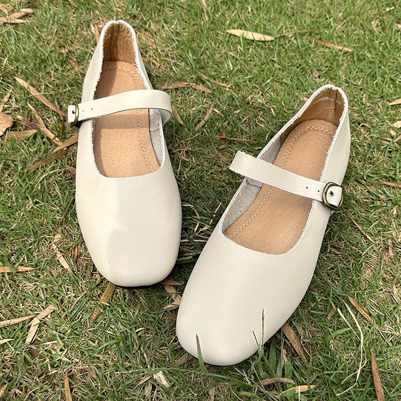 Niche Mori Shallow Mouth Single Shoes 2026 Spring One-word Buckle Flat-soled Women's Shoes Leather Casual Mary Jane Women's Shoes