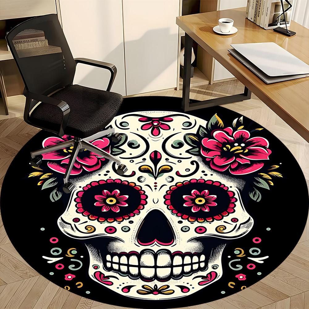 1pc Sugar Skull Flowers Office Round Area Rug, Under Office Chairs Bedroom Living Room Home Decor, Room Deco, Available In Various Sizes