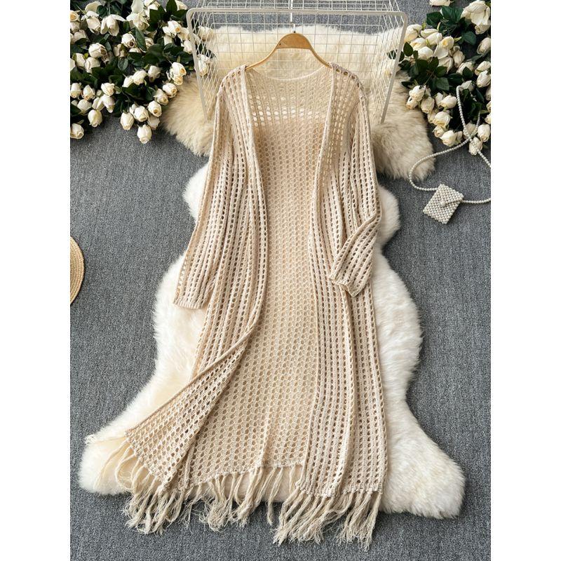 Fancy Idle Style Mid Length Long Length Cardigan Shawl Women's Seaside Holiday Travel Sun Protection Cut Out Knitting Tassel Outwear