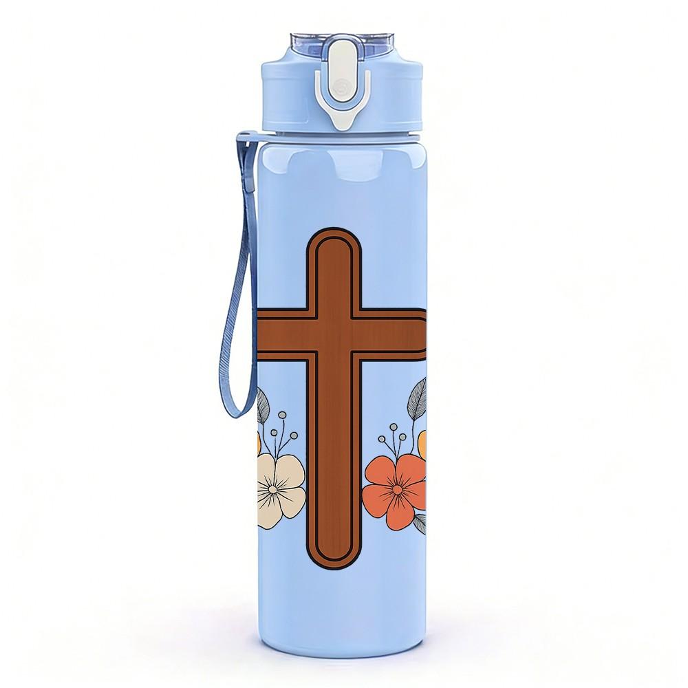 1PC Christian Cross Wild Flower Print 750ml Color Plastic Sports Water Bottle Leakproof Flip Straw Lid Suitable for Sports Office Home Use