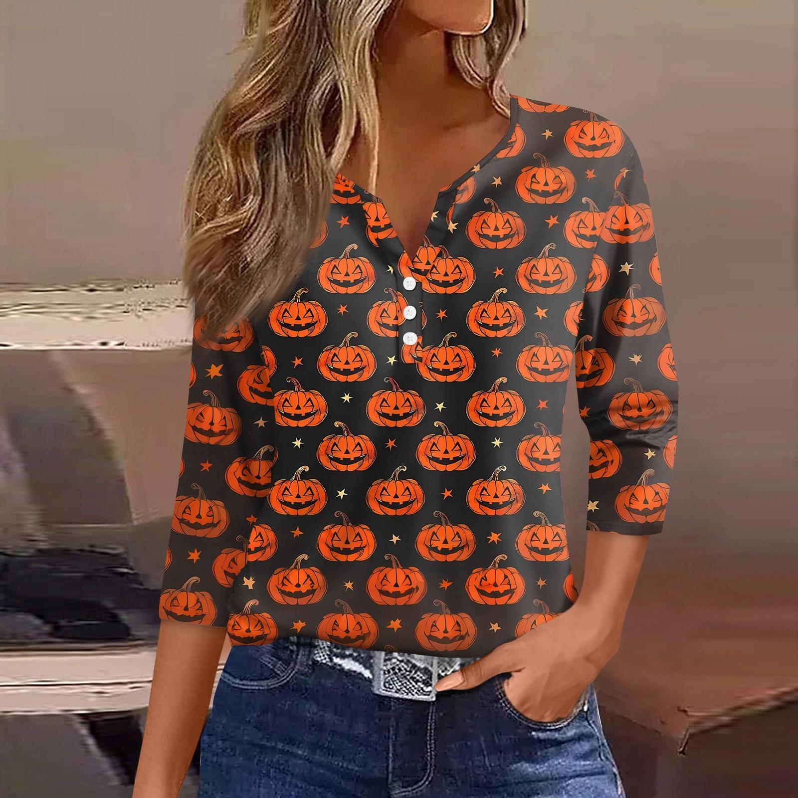 

Женская футболка с принтом на Хэллоуин, на пуговицах, рукав 3/4, повседневная мода на выходные, базовый топ с V-образным вырезом XXL