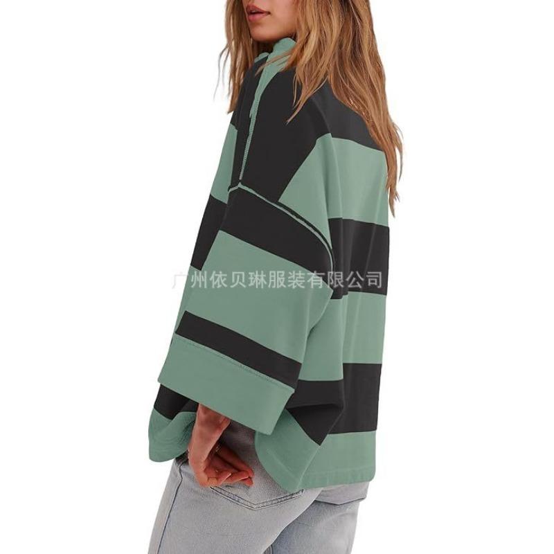 Women's Oversized Striped Shirt Half Zip Sweatshirt Patchwork V Neck Top Casual Loose Pullover