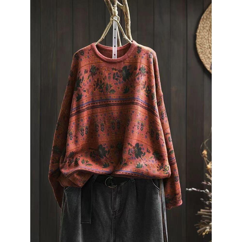 Woman Autumn Niche Vintage O-Neck Casual Loose Retro Sweater Chinese Style Long Sleeves Print Sweater