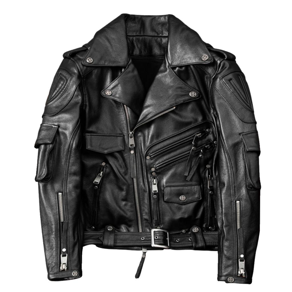 Genuine Cowhide Leather Jacket for Men Motorcycle Biker Coat with Detachable Liner and Armor Pockets