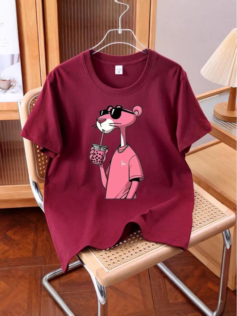 Unisex Pink Leopard Print Short Sleeve Cotton Top